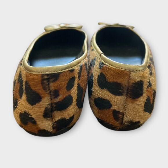 Chic Leopard Leather Print Ballet Flats 6 Calf Hair Slip-On with Bow Holiday - Picture 4 of 7